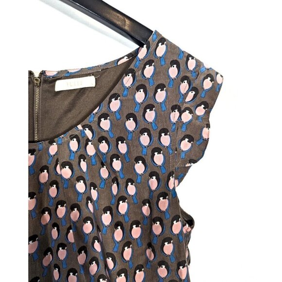 Tulle Anthropologie Shift Dress Medium M Bird Print Taupe Brown Mini Kawaii Cute - Picture 6 of 8